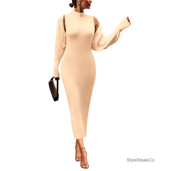 Sweaters - Slim Fit Knit Sweater Dress Set With Cropped Cardigan, Mock Neck, Long Sleeve